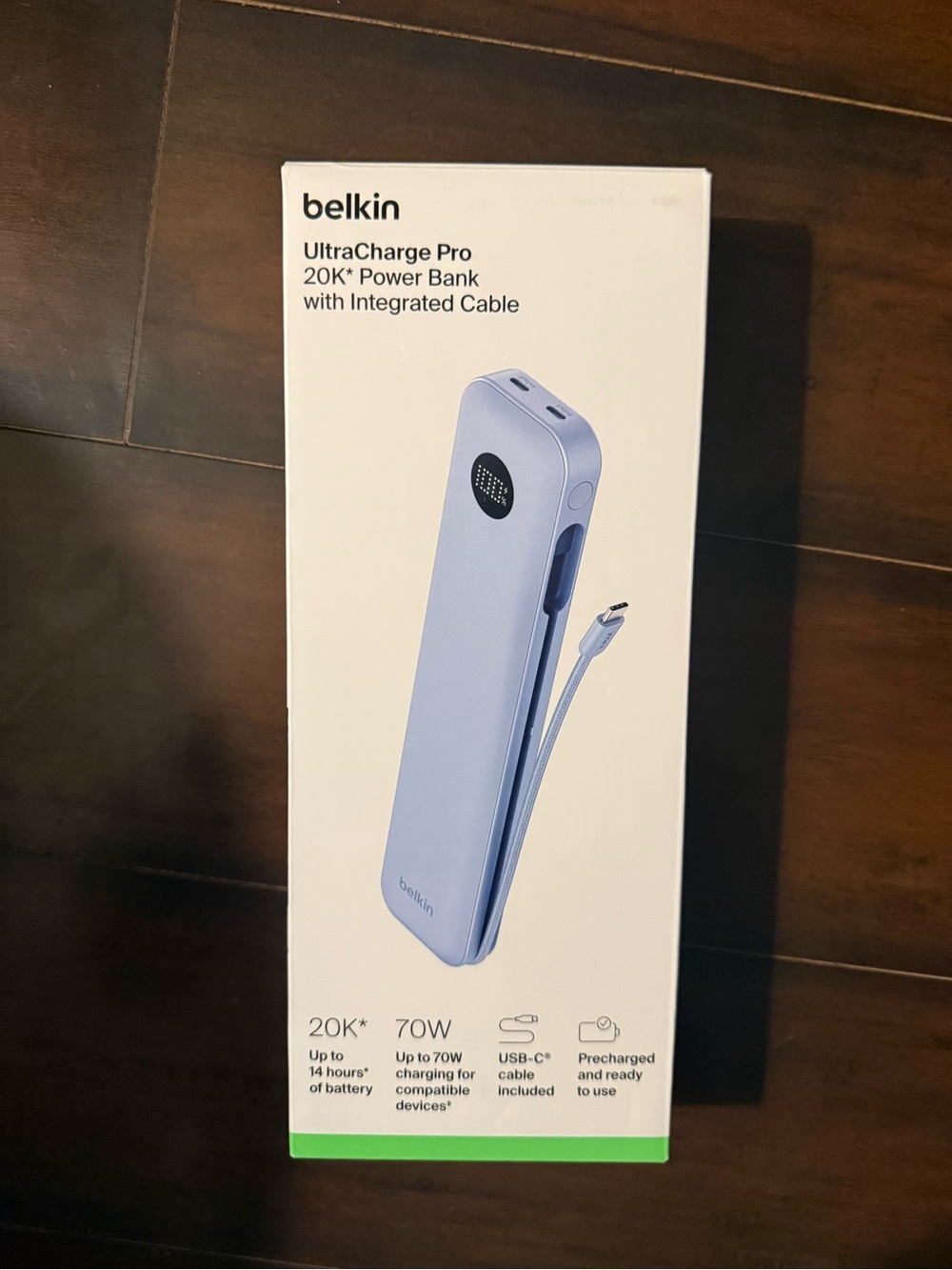 belkin UltraCharge Pro 20K Power Bank in Light Blue with Integrated Cable